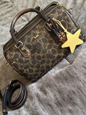 Coach Brown Signature Canvas Satchel with Yellow Star Charm Rowan medium size